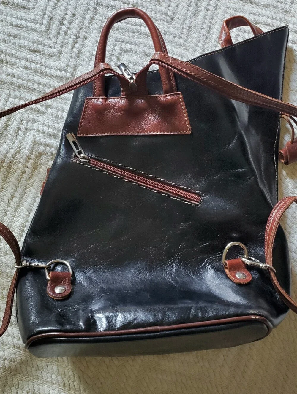 Italian Leather Backpack Purse Fiorella Black Tan Asymmetrical Made In Italy
